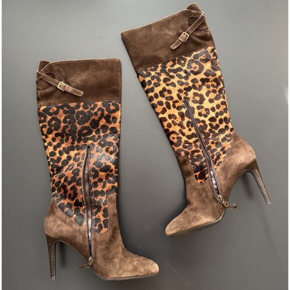 RALPH LAUREN Halina Brown Suede Leather Animal Hair Calf High Boots Heels Size 8 - Picture 2 of 14